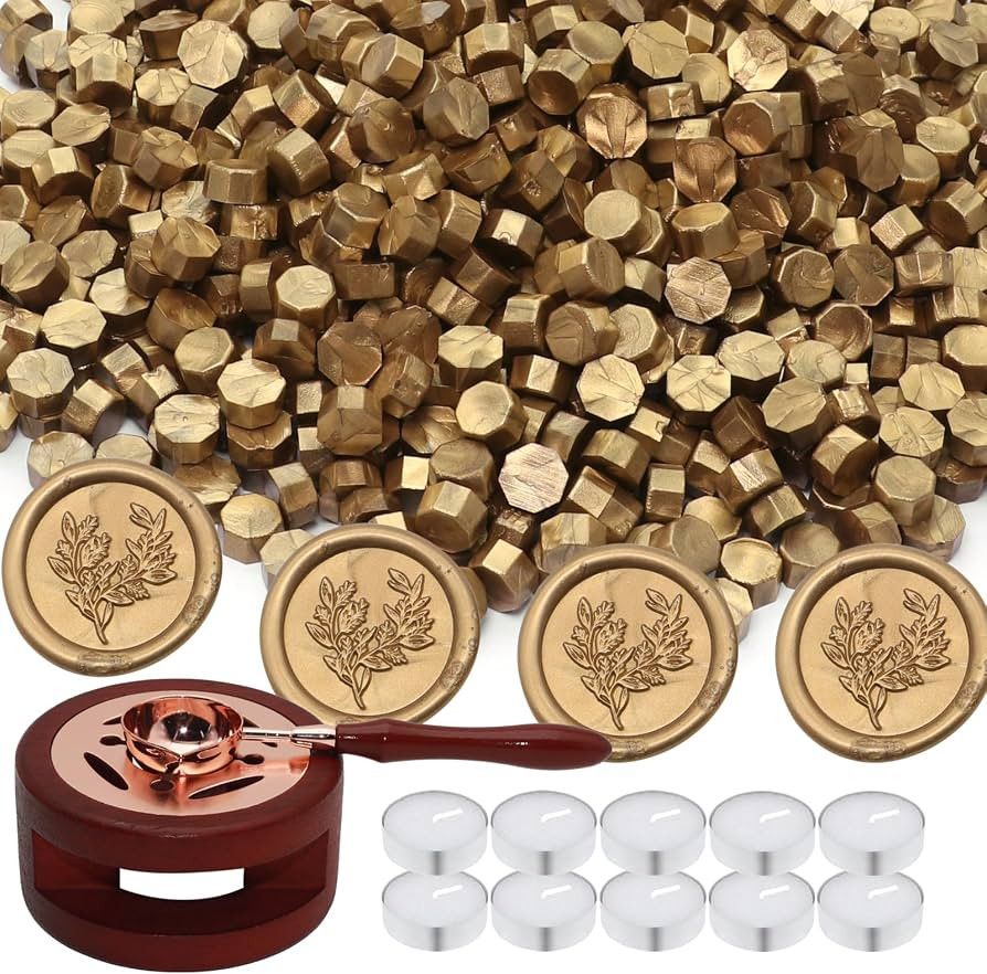 Wax Seal Beads Kit - 300pcs Antique Gold Sealing Wax Beads with Wood Melting Warmer, Spoon & 10 M... | Amazon (US)