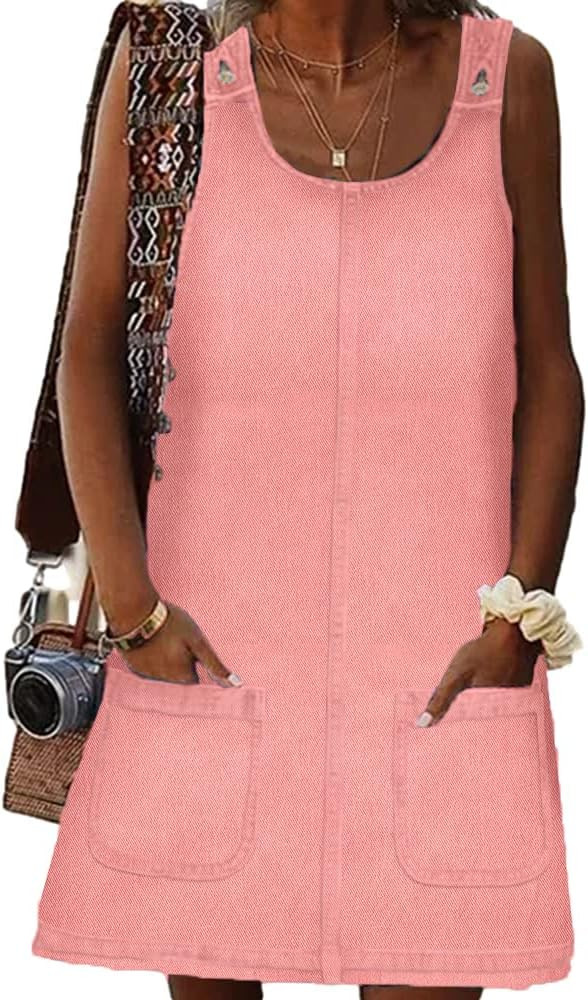 BZB Women's Sleeveless Casual Denim Dress Crewneck Vintage Loose Jean Overall Dress with Pockets | Amazon (US)