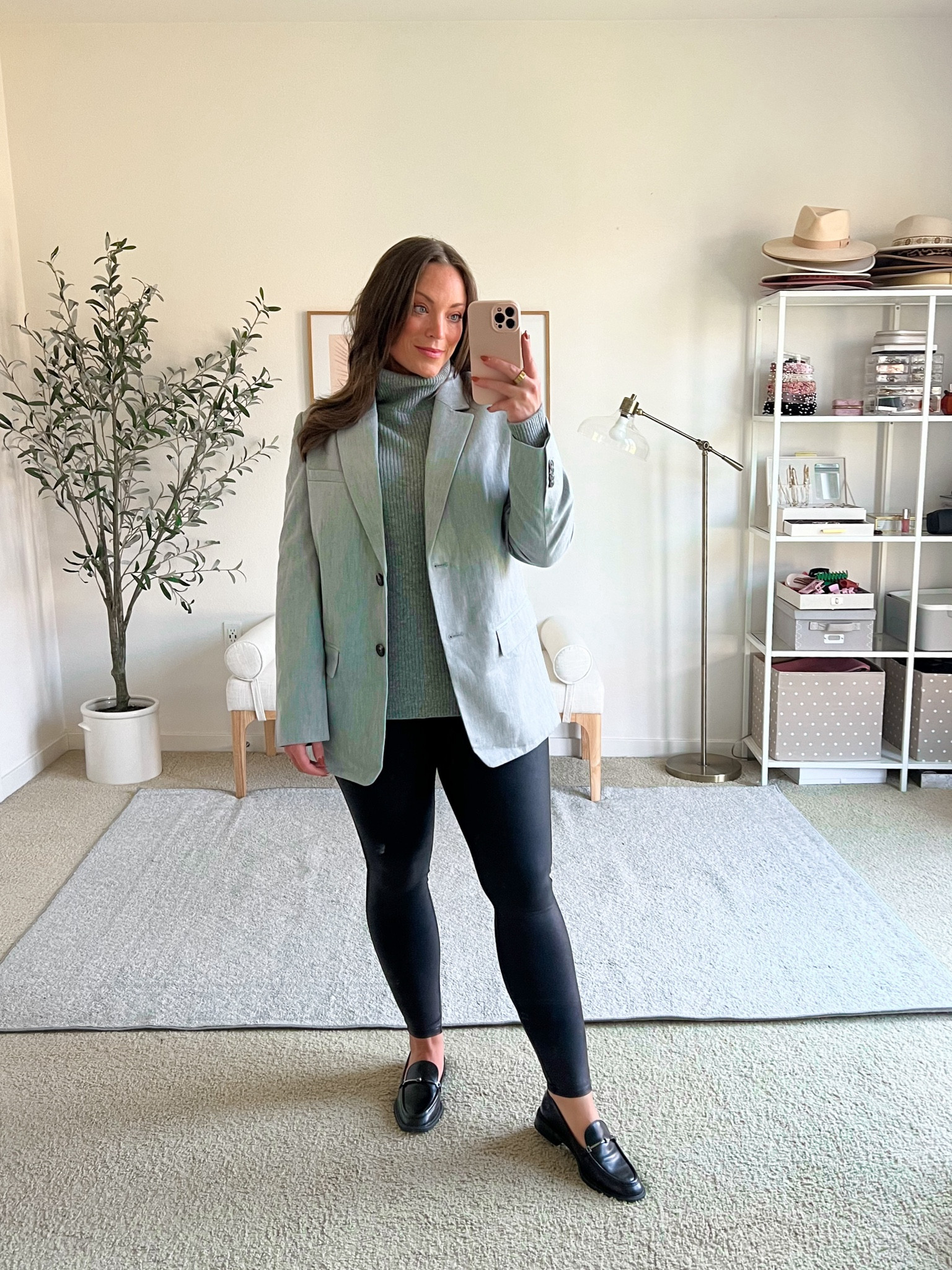 A very neutral fall outfit styling spanx faux leather leggings 🍂

Leggings medium
Turtleneck medium 
Blazer US 8 
Shoes fit true to size! 

#LTKSeasonal #LTKMidsize