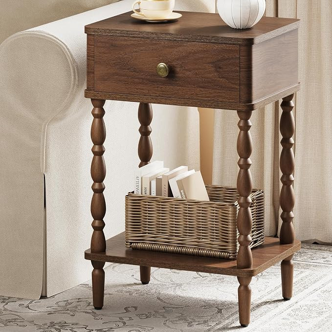 Yoobure Small Side Table with Drawer - Walnut Night Stand with Wood Legs | Amazon (US)