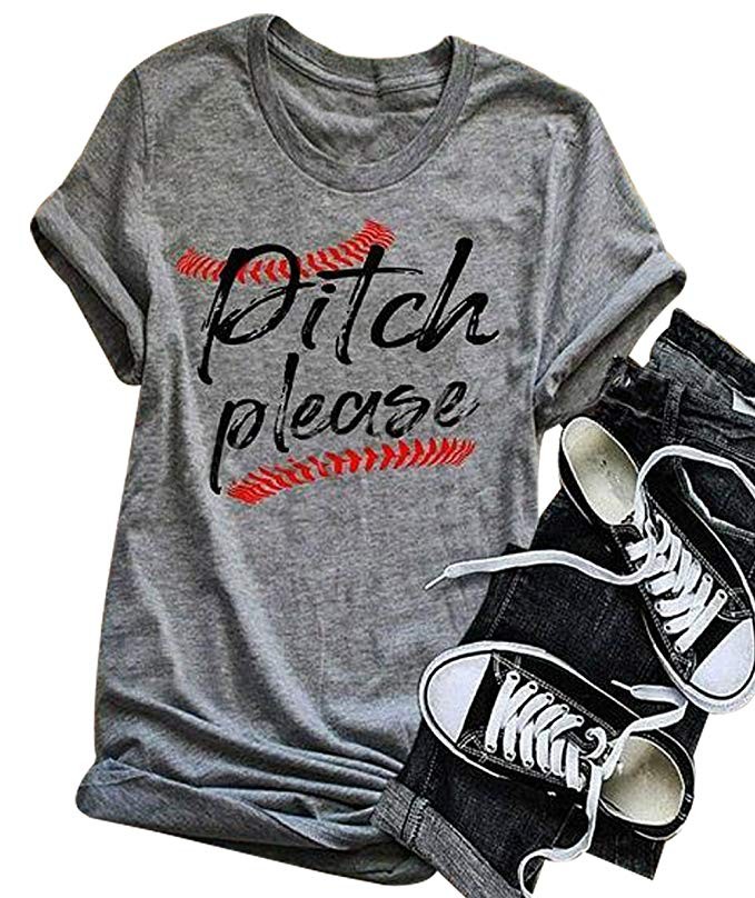 UNIQUEONE Women Pitch Please Baseball Funny T-Shirt Short Sleeve Casual Blouse Tee Top | Amazon (US)