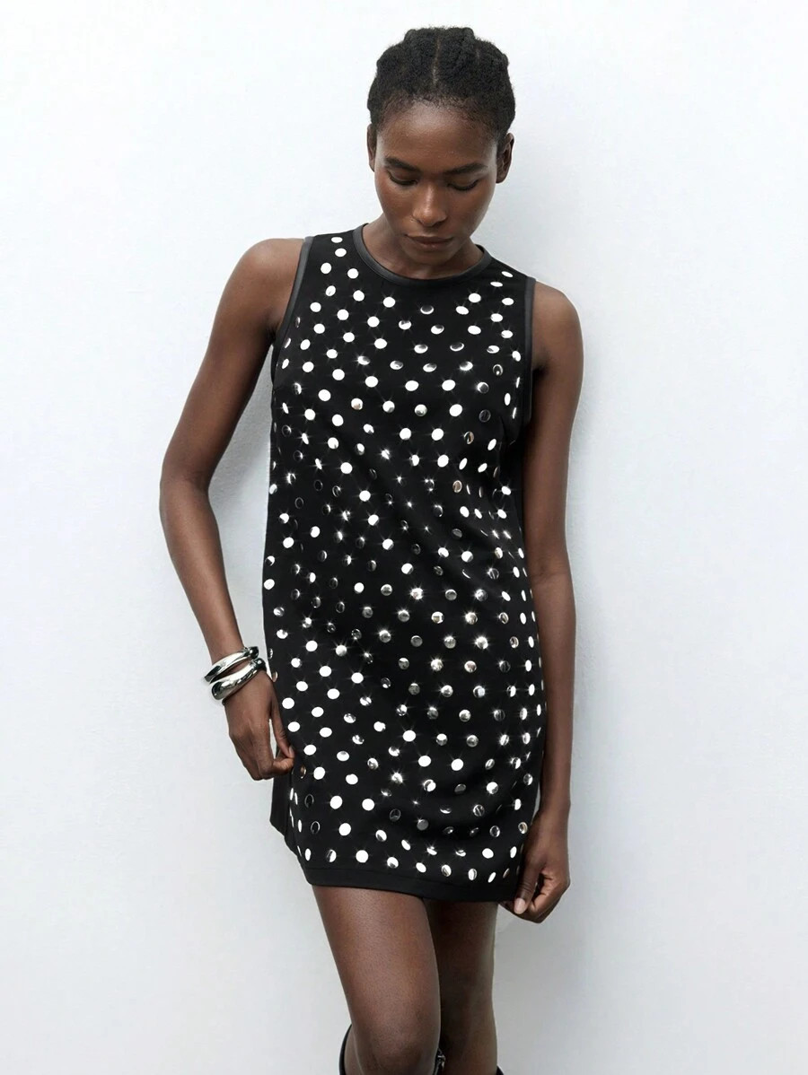 Maija Modern Urban Silver Polka Dot Sleeveless Round Neck Loose Mini Dress For Women, Suitable Fo... | SHEIN