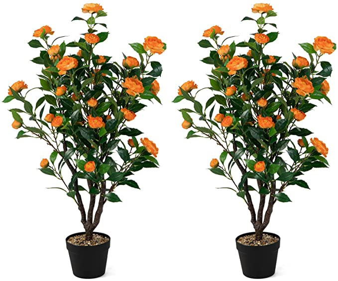 Goplus 40” Artificial Camellia Tree, 2 Pack Flower Plants Artificial Tree, Faux Floral Plant Bl... | Amazon (US)