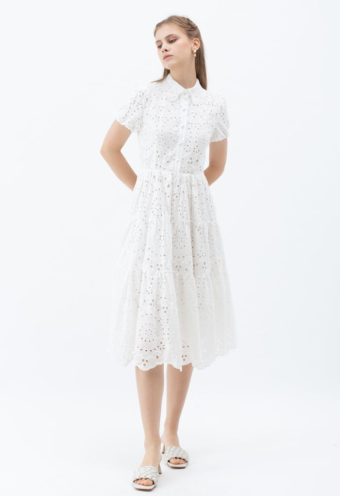Crochet Collar Embroidered Eyelet Cotton Dress | Chicwish