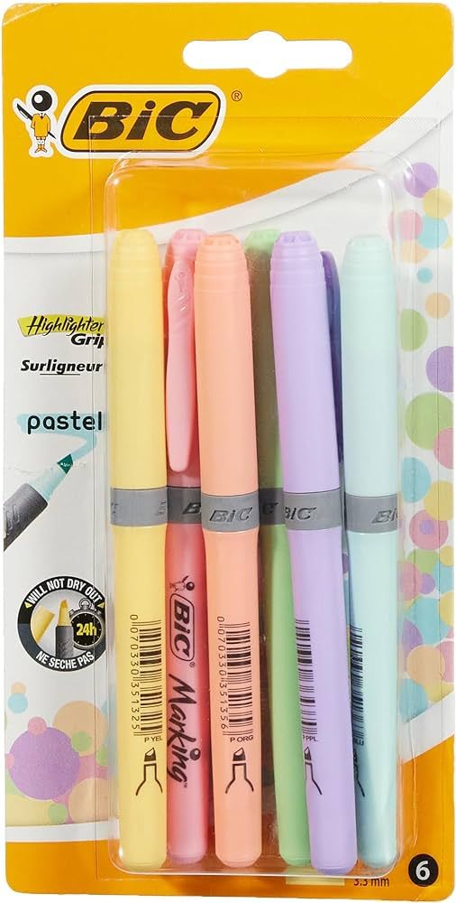 BIC Highlighter Grip Pastel, Highlighter Pens with Adjustable Chisel Tip, Rubber Grip for Extra C... | Amazon (US)