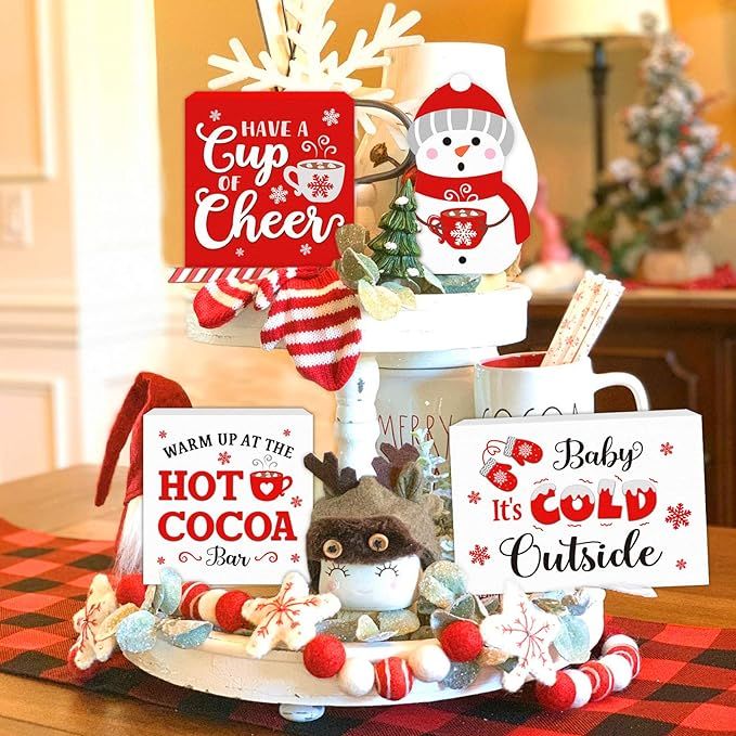 Huray Rayho Christmas Hot Cocoa Tiered Tray Decorations Winter Baby It's Cold Outside Mini Wood S... | Amazon (US)