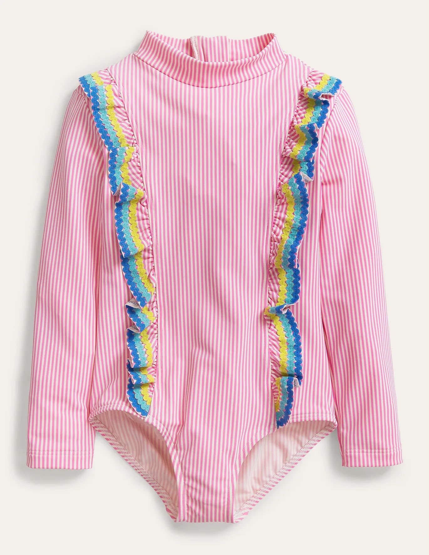 Long-sleeved Frilly Swimsuit - Tickled pink and ivory stripe | Boden (US)