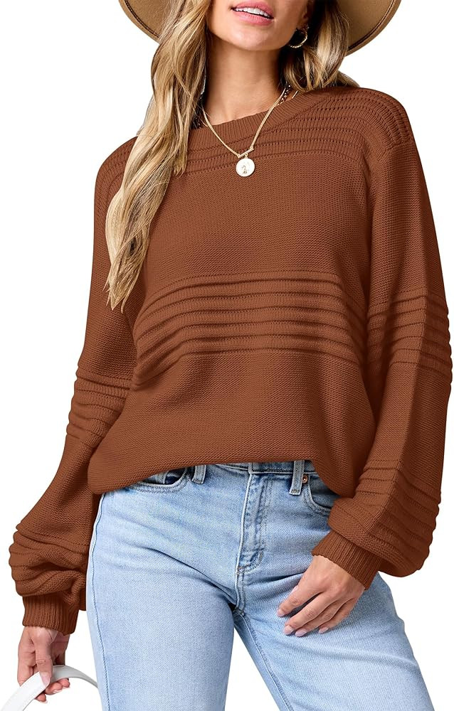 ANRABESS Womens Crew Neck Long Lantern Sleeve Crochet Sweaters 2024 Fall Oversized Ribbed Knit Ca... | Amazon (US)