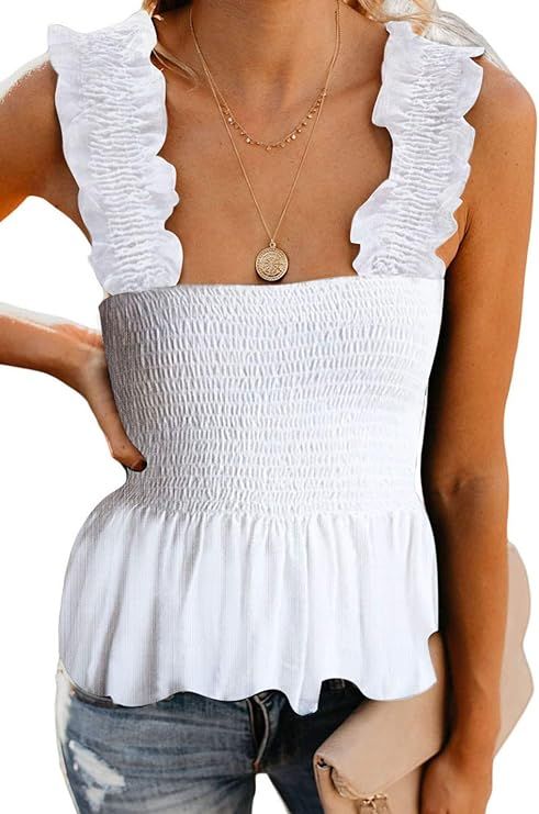 CILKOO Women's Frill Smocked Crop Tank Top Tie Shoulder Strap Vest(S-XXL) | Amazon (US)