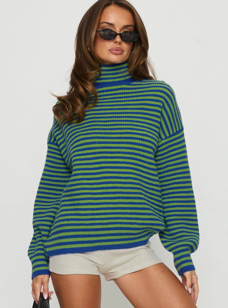 Lancelot Turtle Neck Oversized Jumper Green Stripe | Princess Polly US
