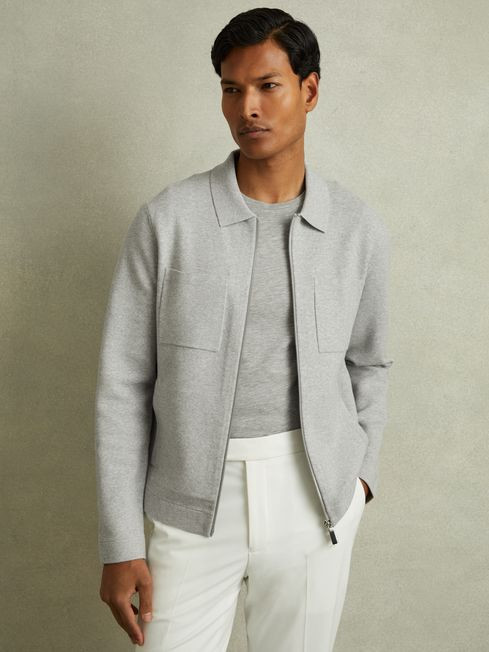 Knitted Zip-Through Jacket in Soft Grey Melange | Reiss DE