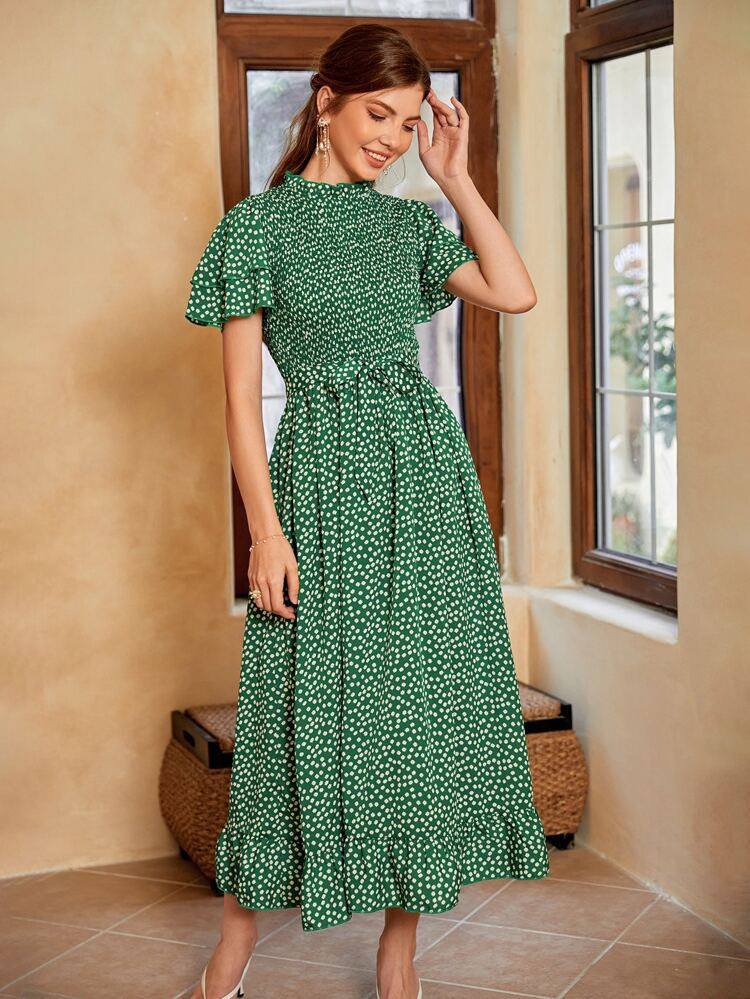 Allover Print Ruffle Hem Butterfly Sleeve Shirred Keyhole Back Dress | SHEIN