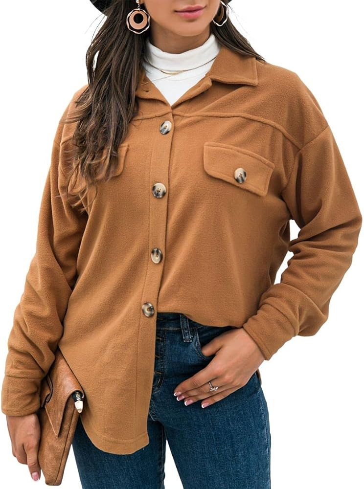 Amazon.com: Women's Fleece Button Down Long Sleeve Shirts Casual Lapel Fall Shacket Jacket Blouse... | Amazon (US)