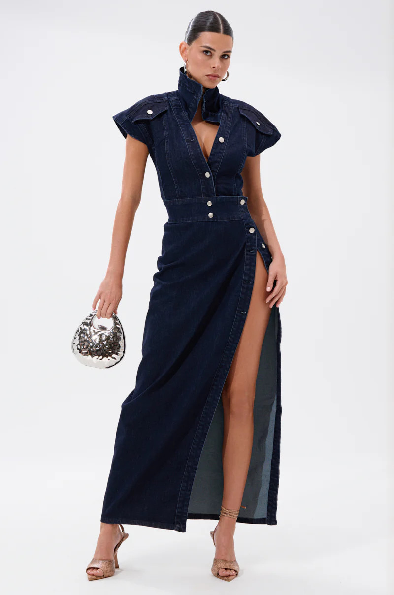 CHELSEA BUTTON SIDE DENIM MAXI DRESS | AKIRA