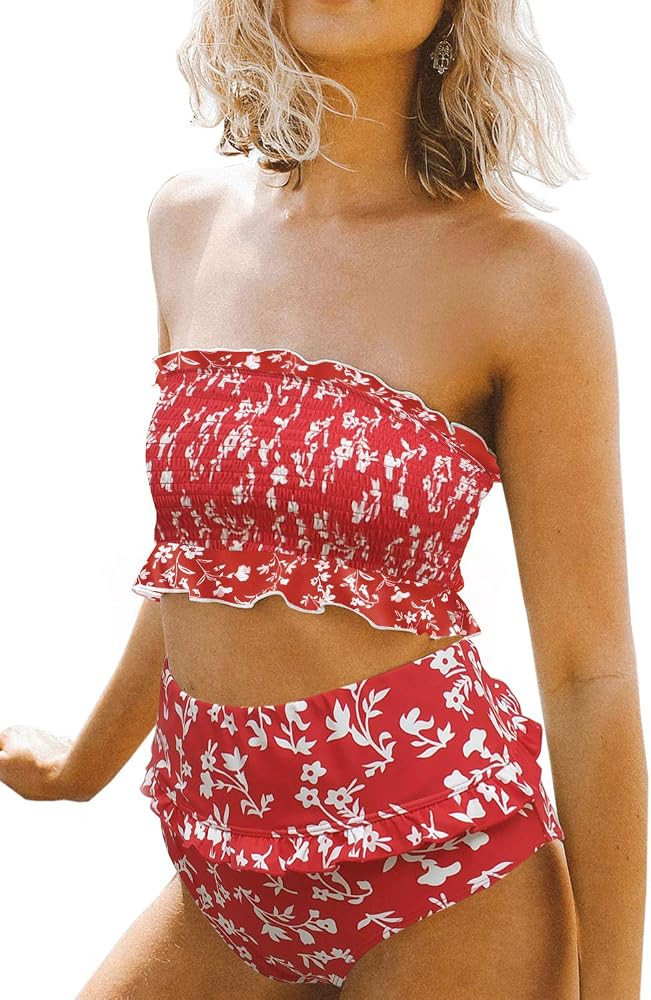 Aleumdr Womens 2 Pieces Bandeau Bikini Swimsuits Off Shoulder High Waist Bathing Suit | Amazon (US)