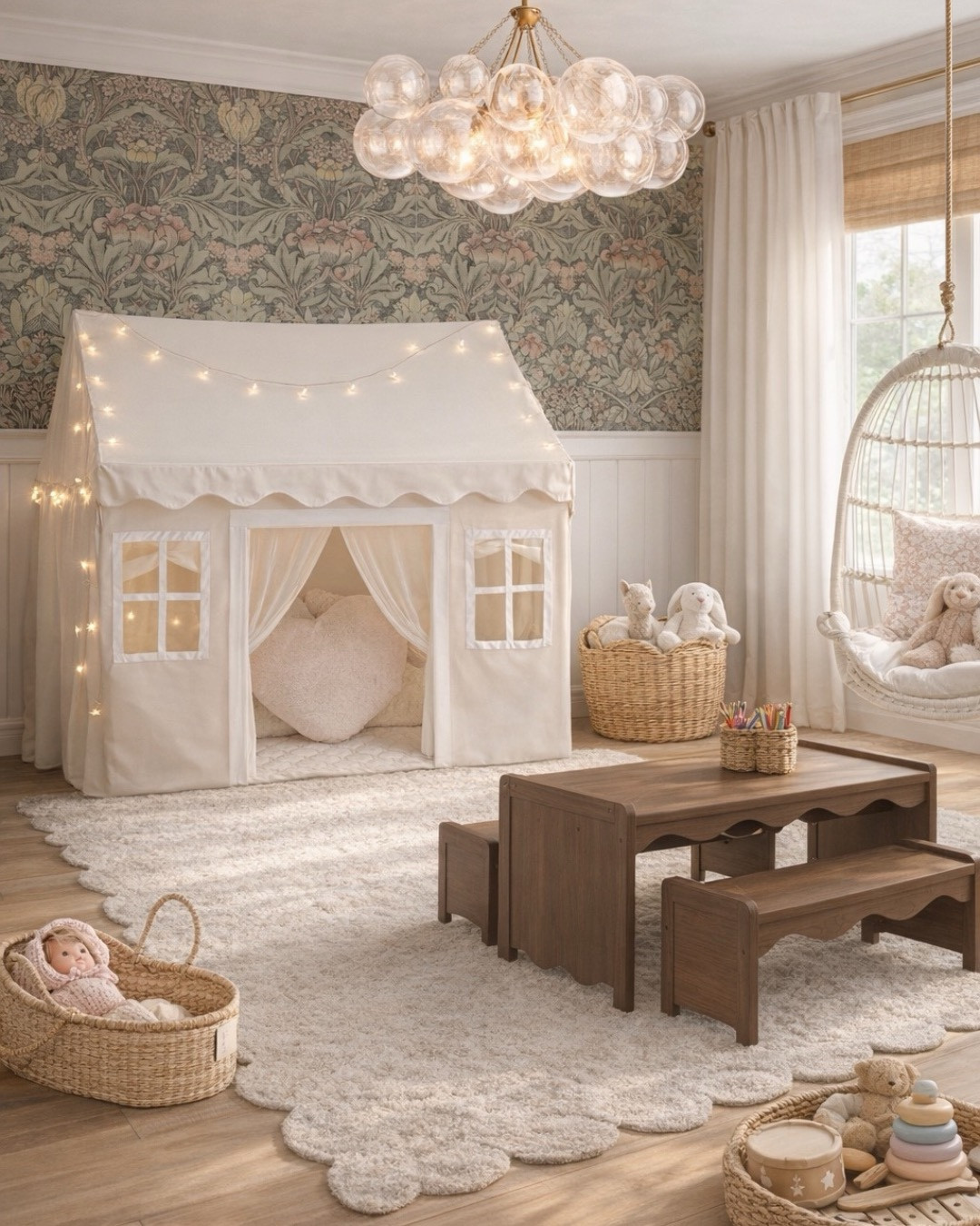 The sweetest little girls playroom 🤍✨
A dreamy mix of modern classic + vintage-inspired design creating the coziest, most inviting space for play and imagination.

Featuring a soft neutral palette with floral wallpaper, scalloped rugs, warm wood tones, and woven textures for that timeless layered look. The playhouse tent with fairy lights creates the perfect cozy reading nook, while the rattan hanging chair, plush pillows, and soft textiles add warmth and comfort throughout the space.

I love incorporating natural materials like wicker baskets, seagrass storage, and wood furniture to keep everything feeling organic, calm, and elevated—but still playful and functional for kids 🤍

The kids table and bench set is perfect for coloring, crafts, and everyday play, styled with a woven pencil holder + colored pencils for an easy, styled moment that’s still practical.

Details like linen curtains, bamboo shades, soft lighting, and neutral decor make this space feel bright, airy, and serene while still being kid-friendly and full of personality.

If you love a neutral kids room, playroom design, girls bedroom inspiration, or cozy cottage style spaces, this is such a beautiful way to create something that will grow with your child over time.



#ltkhome #ltkfamily #playroomdesign #girlsroomdecor #neutralhome #modernclassic #cozyhome #kidsroominspo #interiordesignideas #homedecorideas #wovenhome #warmminimalism #classicdesign #porcheandco

#LTKBaby #LTKKids #LTKHome