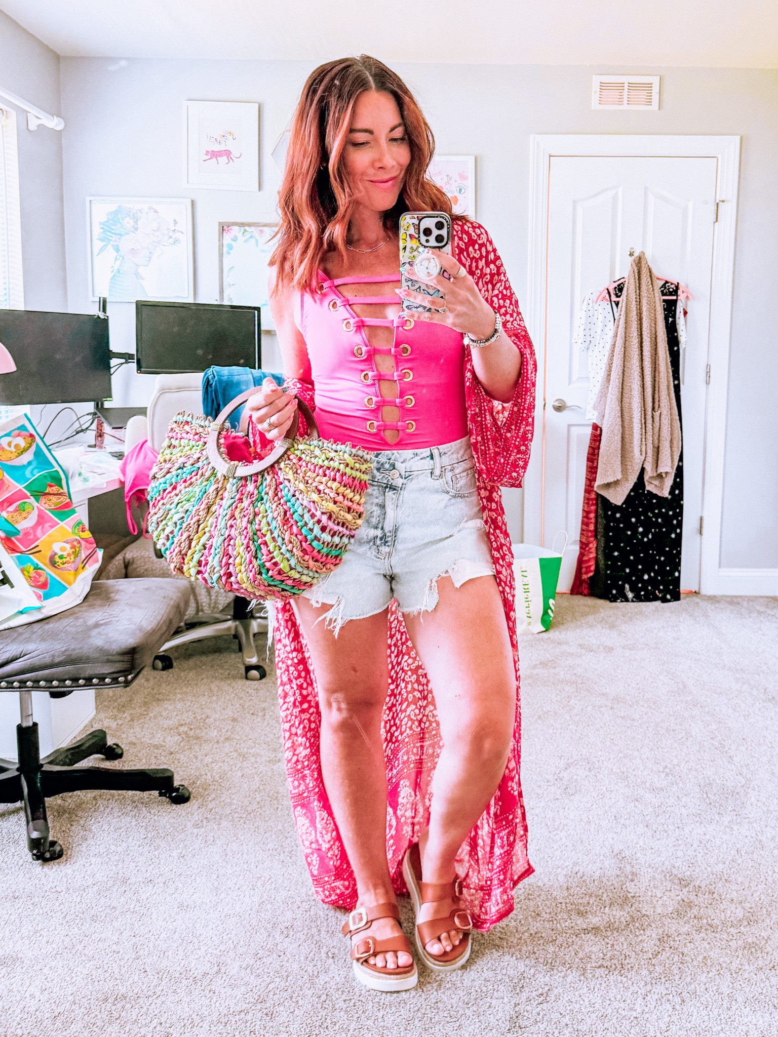 My summer uniform: One-piece bathing suit as a bodysuit, the most comfortable shorts, kimono, slides. 

These shorts are the best find of all summer, made for curves with thick thighs and a booty. NO gap. I’m in a curvy size 6. 

American Eagle. Amazon. TJMaxx. Swimsuit. Vacation. Resort  

#LTKFindsUnder50 #LTKStyleTip #LTKSwim