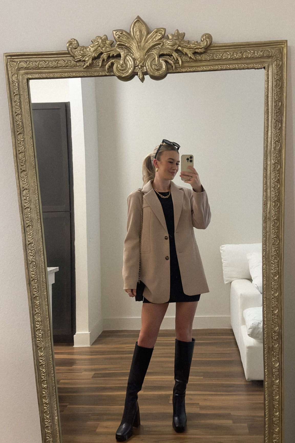 Fall inspired outfit with blazer, mini dress, and black boots!! Princess Polly!! 