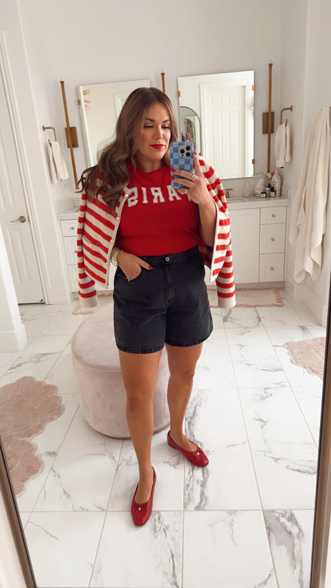 curvy fall transitional outfit! wearing size xl in red Paris tee, size large in red striped cardigan, and size 32 in black washed shorts 

#LTKMidsize #LTKFindsUnder50 #LTKSeasonal
