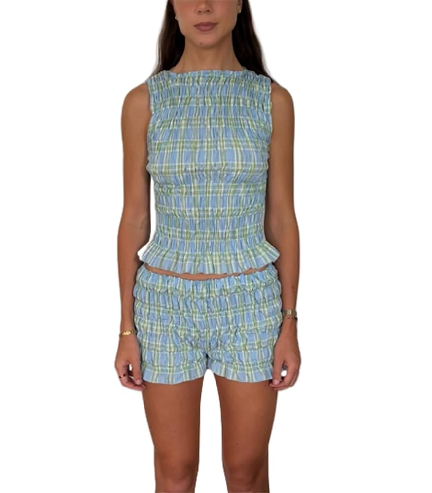 Yuemengxuan Women Two Piece Summer Outfits 2Pcs Pajamas Set Sleeveless Smocked Shirred Tank Top P... | Amazon (US)