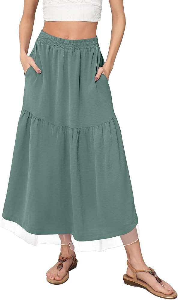 Flowy Maxi Skirt for Women with Pockets 2025 Fashion Trendy Boho Summer Beach Vacation Long Skirt | Amazon (US)
