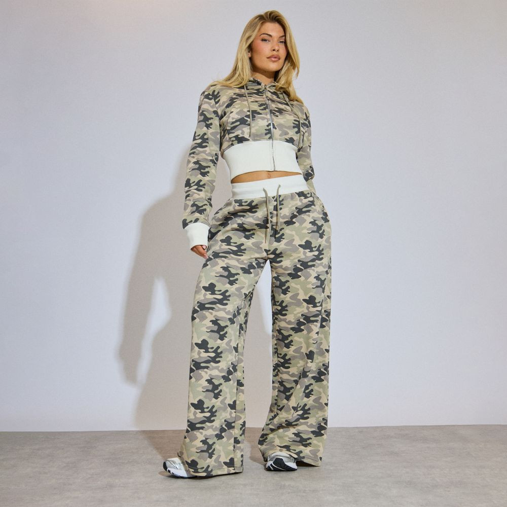 Mid Rise Wide Leg Joggers In Green Camo Print | EGO (UK)