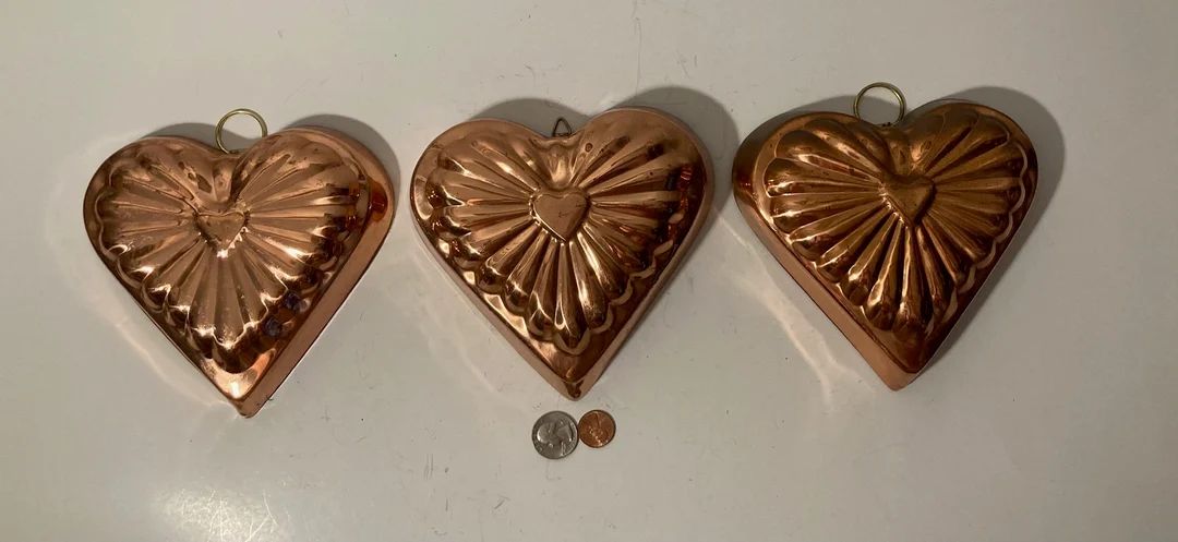 Vintage Lot of 3 Metal Copper and Brass Kitchen Heart Shaped Molds, Quality, Heavy Duty, Hanging ... | Etsy (US)