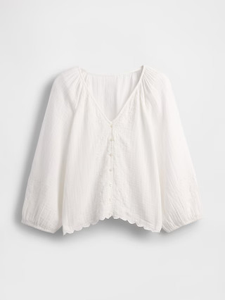 Cotton Gauze Embroidered V-Neck Top | Gap (US)