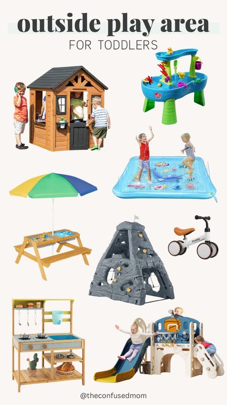 Outside play area for toddlers, rock wall, bike, water play, mud kitchen, picnic table, outdoor playhouse, water table,  slide, playground, fun activities for toddlers 

#LTKSeasonal #LTKswim #LTKkids
