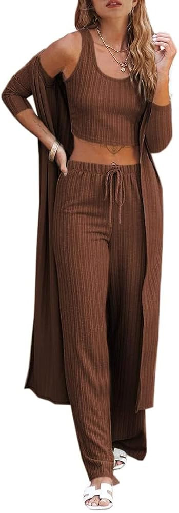 Fessceruna Womens 3 Piece Lounge Sets Pajamas Knit Long Sleeve Cardigan Crop Top Wide Leg Pants L... | Amazon (US)