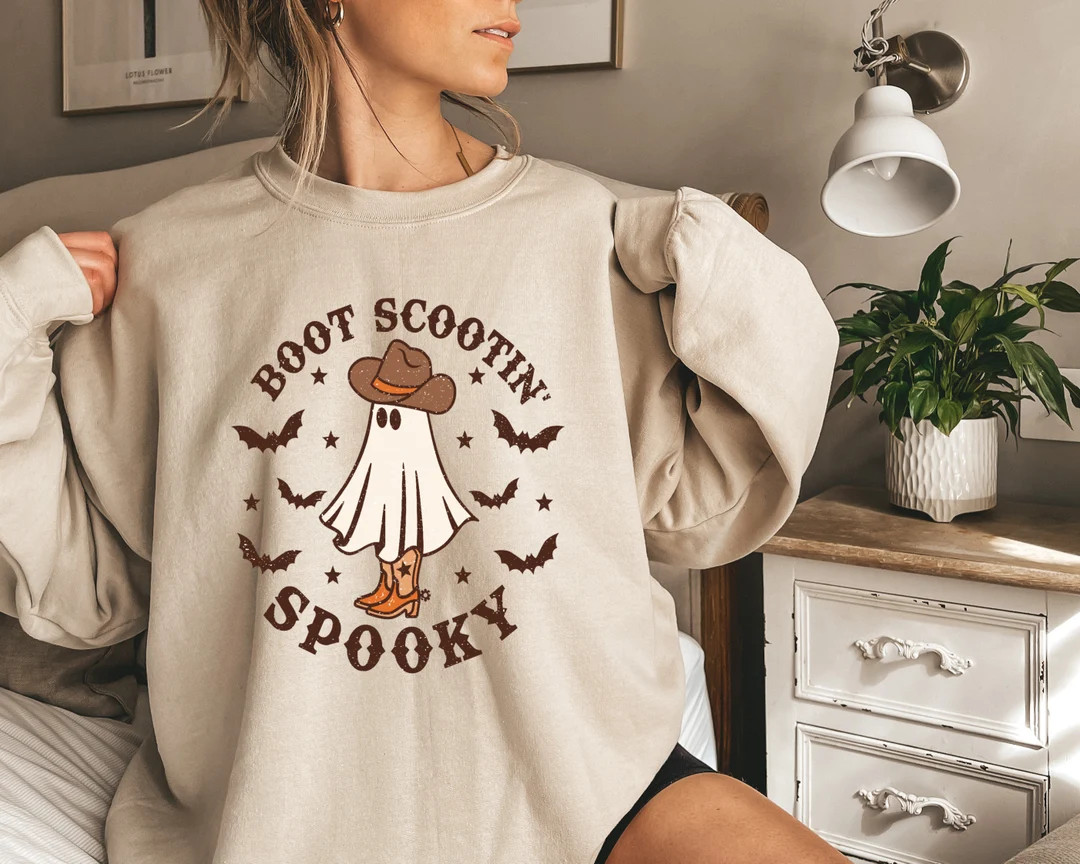 Boot Scootin Spooky Sweatshirt, Cute Spooky Shirt, Halloween Gift, Halloween Shirt, Cowboy Ghost ... | Etsy (US)