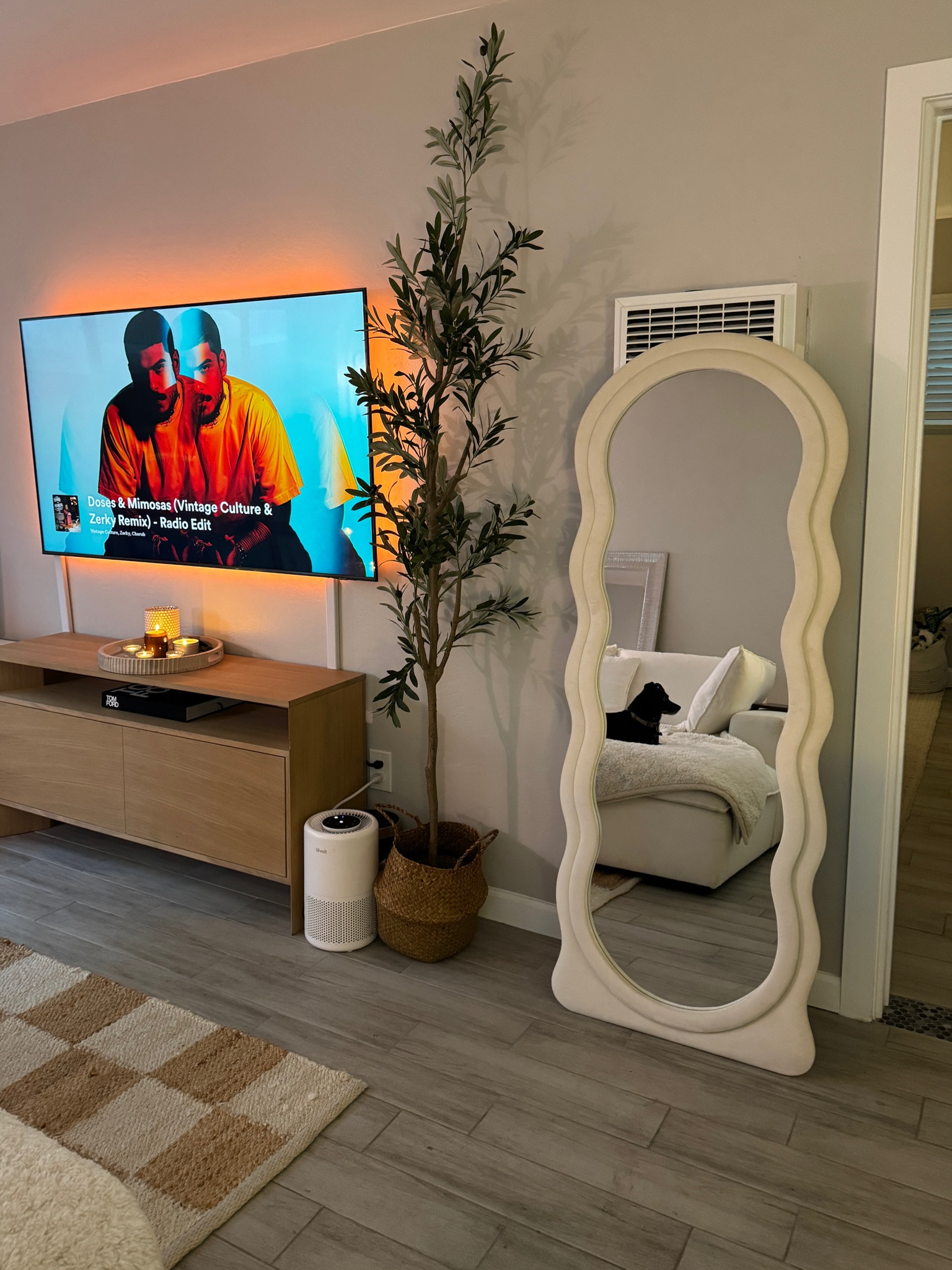 more apartment decor🤍 
floor mirror, wave mirror, aesthetic mirror, olive tree, checkered rug

#LTKfindsunder100 #LTKhome