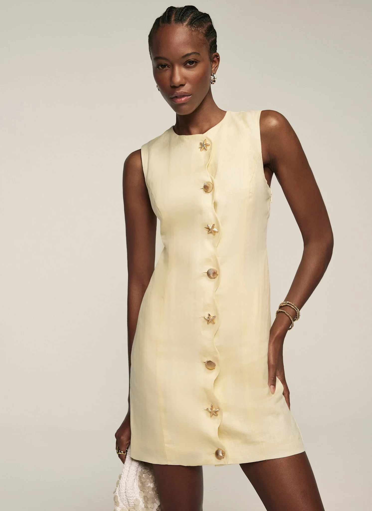 Yellow Linen Scallop Mini Dress | Mint Velvet