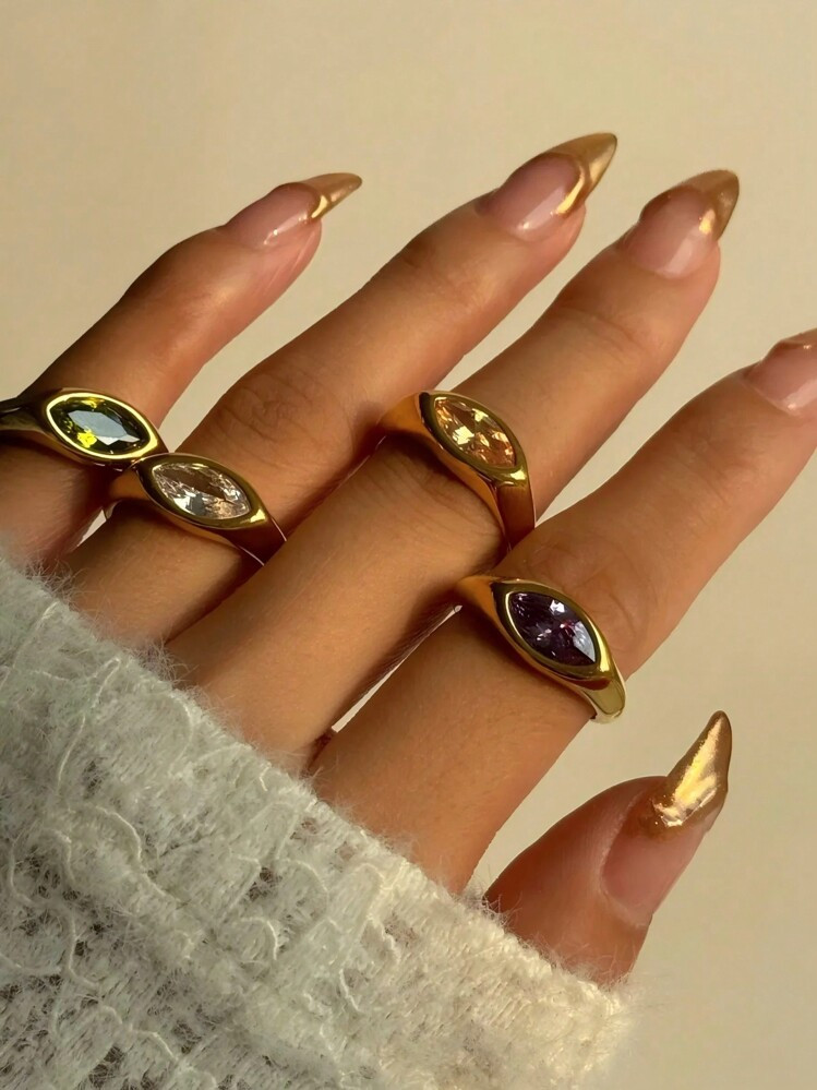 18K Gold Gemstone Ring, Signet Ring, Gold Solitaire Crystal Ring, Statement Ring, Gift For Her Valentines | SHEIN