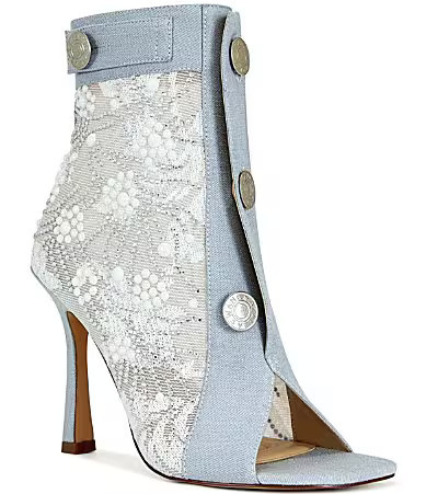 Azalea Wang Tandy Denim Lace Detail Pearl Embellished Peep Toe Booties - 6.5 | Dillard's