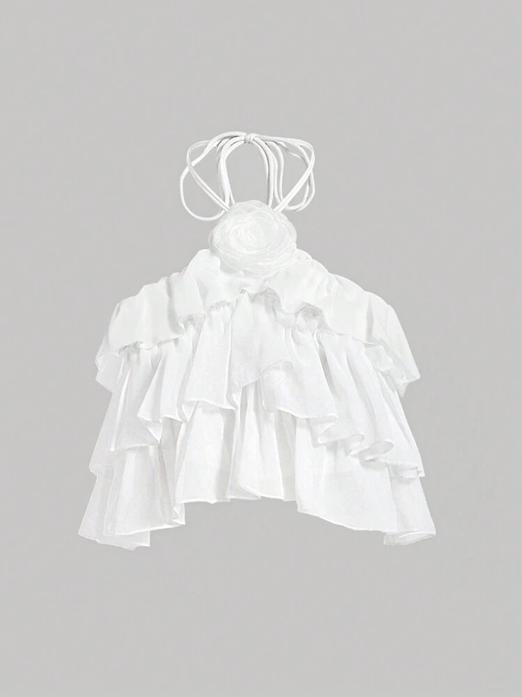 SHEIN MOD White Romantic Cake Ruffle Hem 3D Flower Decorated Halter Top For Women | SHEIN