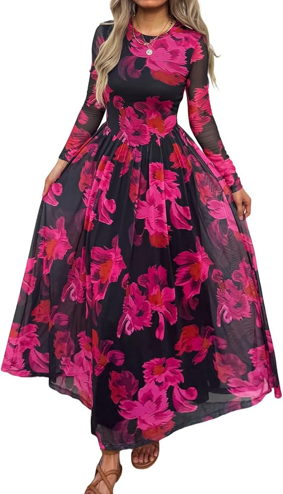 Women Maxi Dress Fall 2025 Long Sleeve A Line Mesh Floral Dress Elegant Party Club Cocktail Weddi... | Amazon (US)