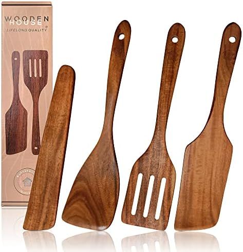 Wooden Spatula for Cooking, Kitchen Spatula Set of 4, Natural Teak Wooden Utensils including Wooden  | Amazon (US)