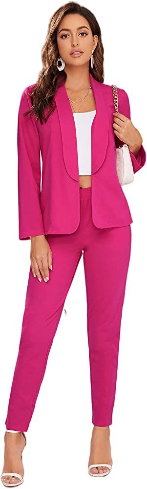 SheIn Women's Open Front Solid Blazer Two Piece Slant Pocket Pants Set Outfits | Amazon (US)