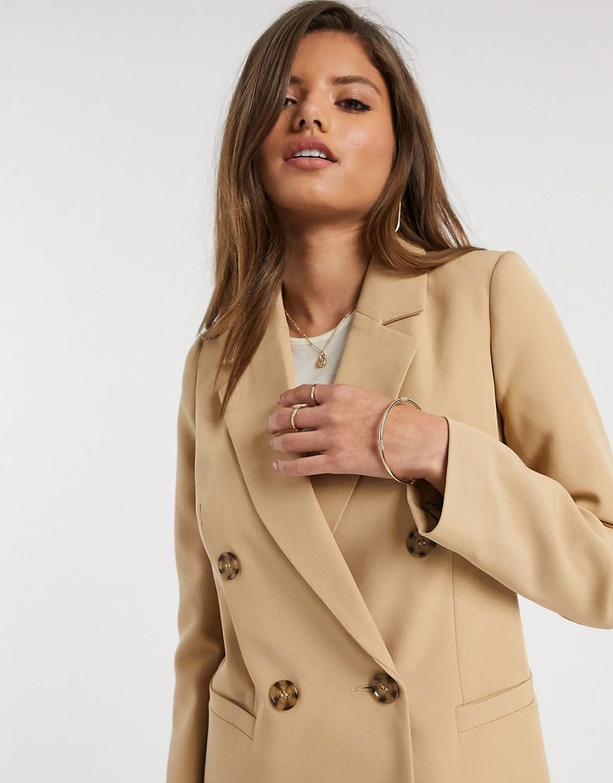 River Island double breasted blazer in camel-Brown | ASOS (Global)