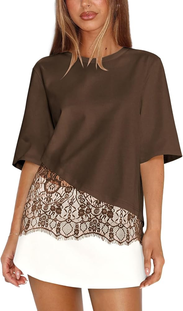Womens Patchwork T Shirt with Lace Overlay Tops | Amazon (US)