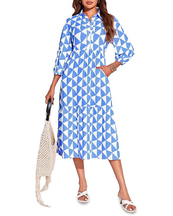 Wenrine Womens Boho Midi Dress Long Sleeve Casual Color Block Beach Button Down Shirt Dress | Amazon (US)