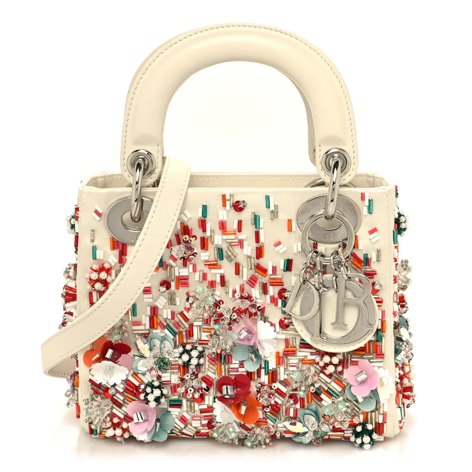 Satin Beaded Floral Embroidered Mini Lady Dior White Multicolor | FASHIONPHILE (US)