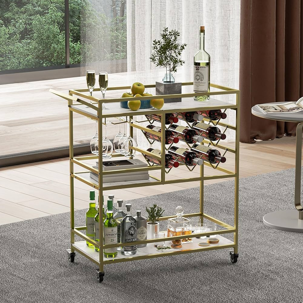 MORITIA Gold Bar Cart, 3 Tier Bar Carts with 4 Wheels, White Marble Finish Shelf, Drink Cart, Mob... | Amazon (US)