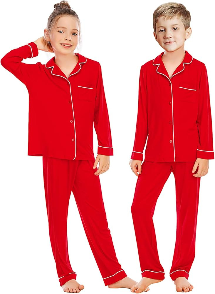 Veseacky Unisex Girls Boys Pajamas Long Sleeve Sleepwear Button-Down 2 Pcs Pjs Set for 5-14 Years | Amazon (US)