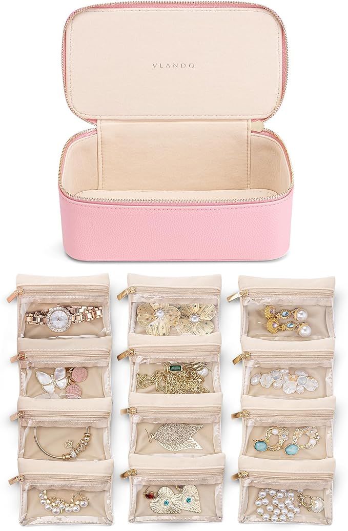 Vlando Travel Jewelry Case with 12 Velvet Jewelry Bags Travel Jewelry Orgainzer for Girls Premium... | Amazon (US)