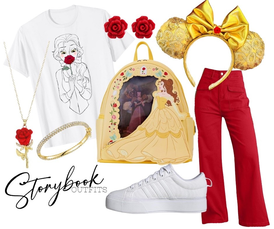 Tale as old as time… but make it fashion!
This Belle-inspired outfit is giving storybook dreams come true! It’s elegant, playful, and full of golden sparkle — just like our favorite princess.
That embroidered Loungefly backpack? Pure enchantment.
The gold Minnie ears + rose jewelry? Totally magical combo.
Paired with red pants and comfy white sneakers — it’s Disney chic perfection!Whether you’re heading to the parks or twirling through your day, this outfit is made for true Disney romantics
Tap the links to shop the look and bring a little Belle magic to your wardrobe!