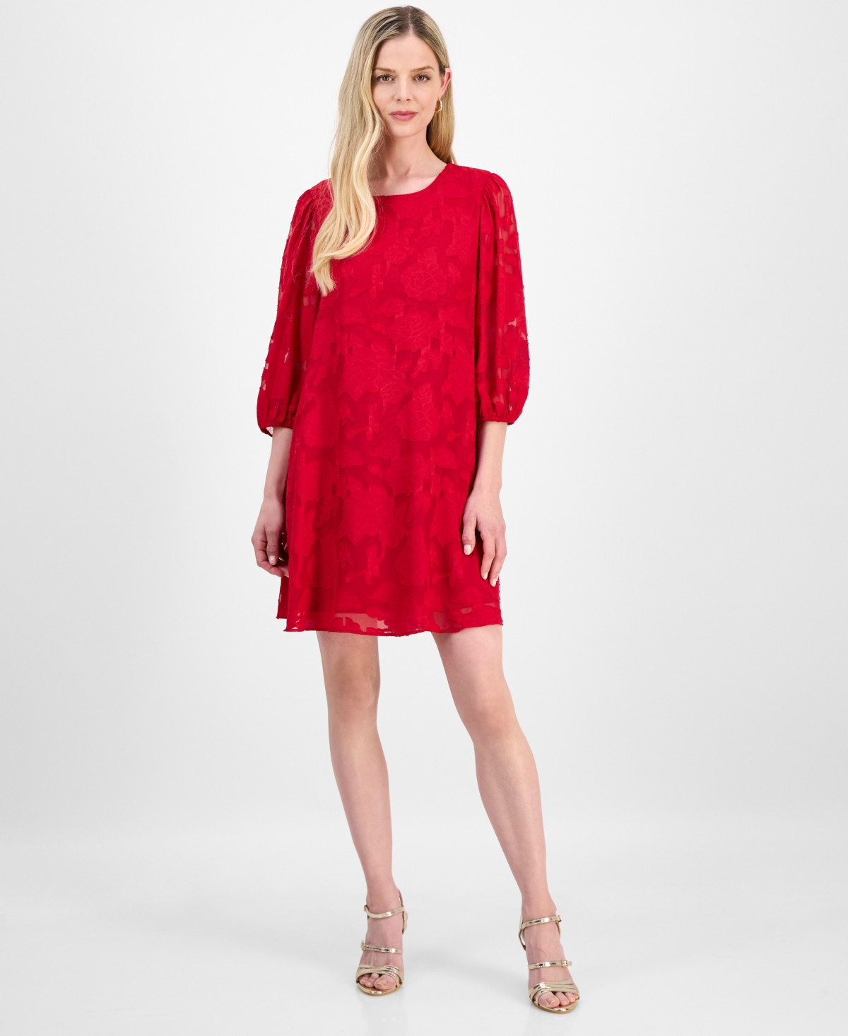 Robbie Bee Petite Floral Burnout Blouson-Sleeve Shift Dress - Red | Macy's