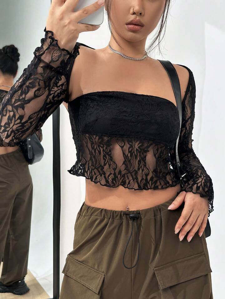 SHEIN ICON Square Neck Lace Overlay Crop Lace Top | SHEIN