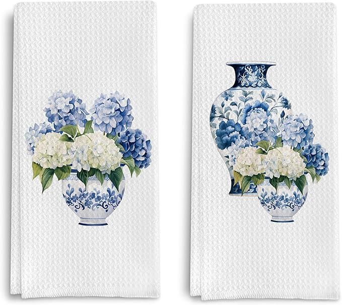 Blue and White Porcelain Chinoiserie Kitchen Towels Set of 2, Hydrangea Floral Dish Towels Tea To... | Amazon (US)